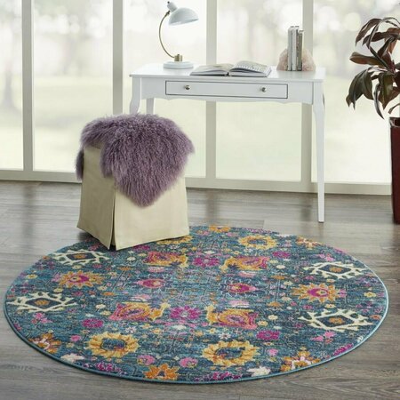 Homeroots 4 ft. Round Denim Blue Florals Distressed Area Rug 385173